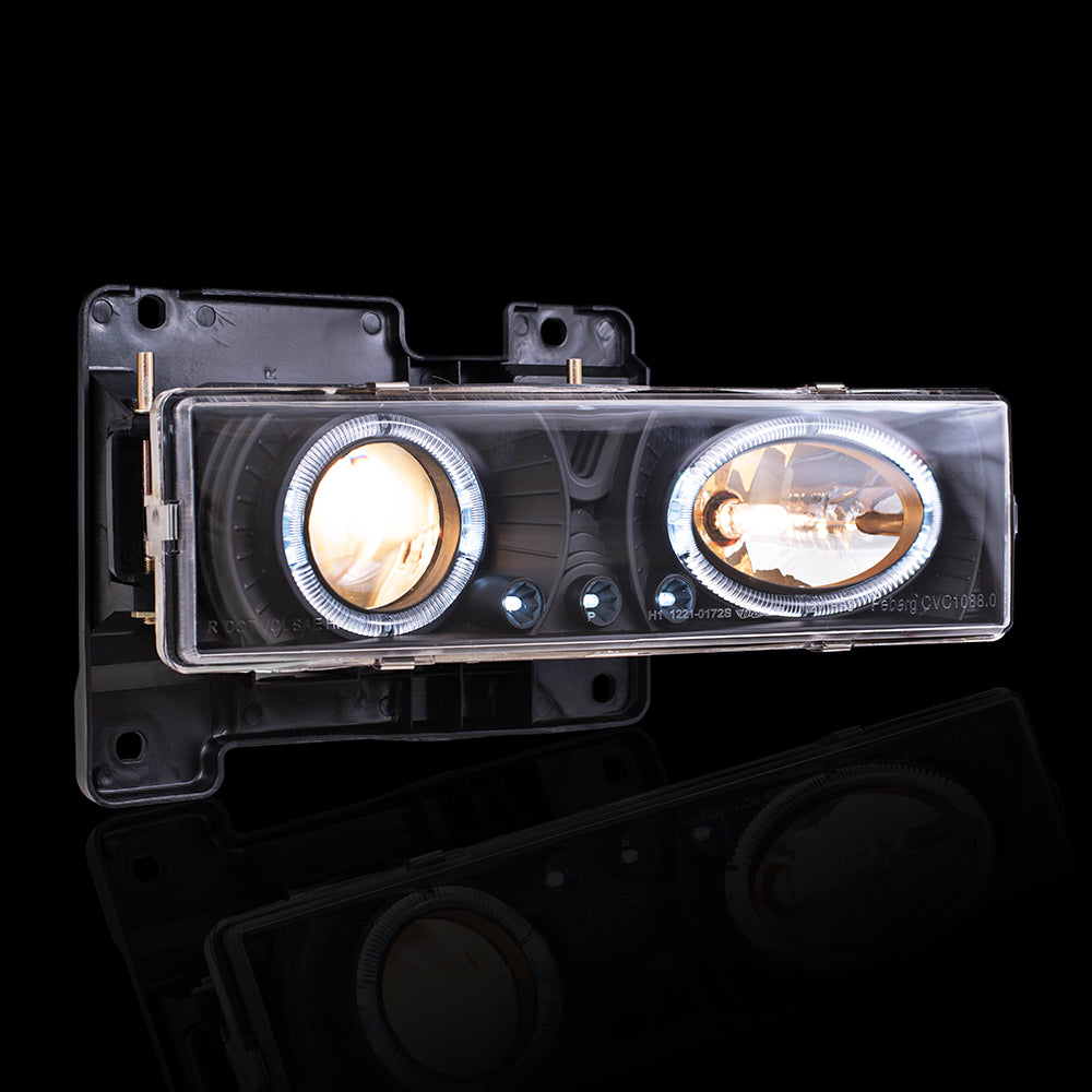 Brock Aftermarket Replacement Front Driver Left Passenger Right Composite Type Performance Headlight Set Black Bezel With Projector-Halo-LED DRL Compatible with 1988-2000 GM C/K Pickup