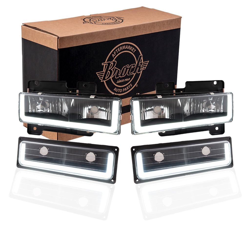 Brock Aftermarket Replacement Driver Left Passenger Right 4 Piece Composite Type Performance Headlight And Park/Signal Light Set Black Bezel With LED DRL Compatible with 1988-2000 GM C/K Pickup
