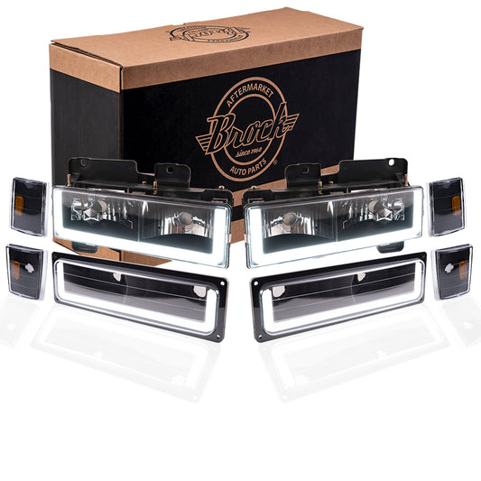 Brock Aftermarket Replacement Front Driver Left Passenger Right 8 Piece Composite Type Performance Light Set Black Bezel With LED DRL Compatible with 1988-1993 Chevy C/K Pickup