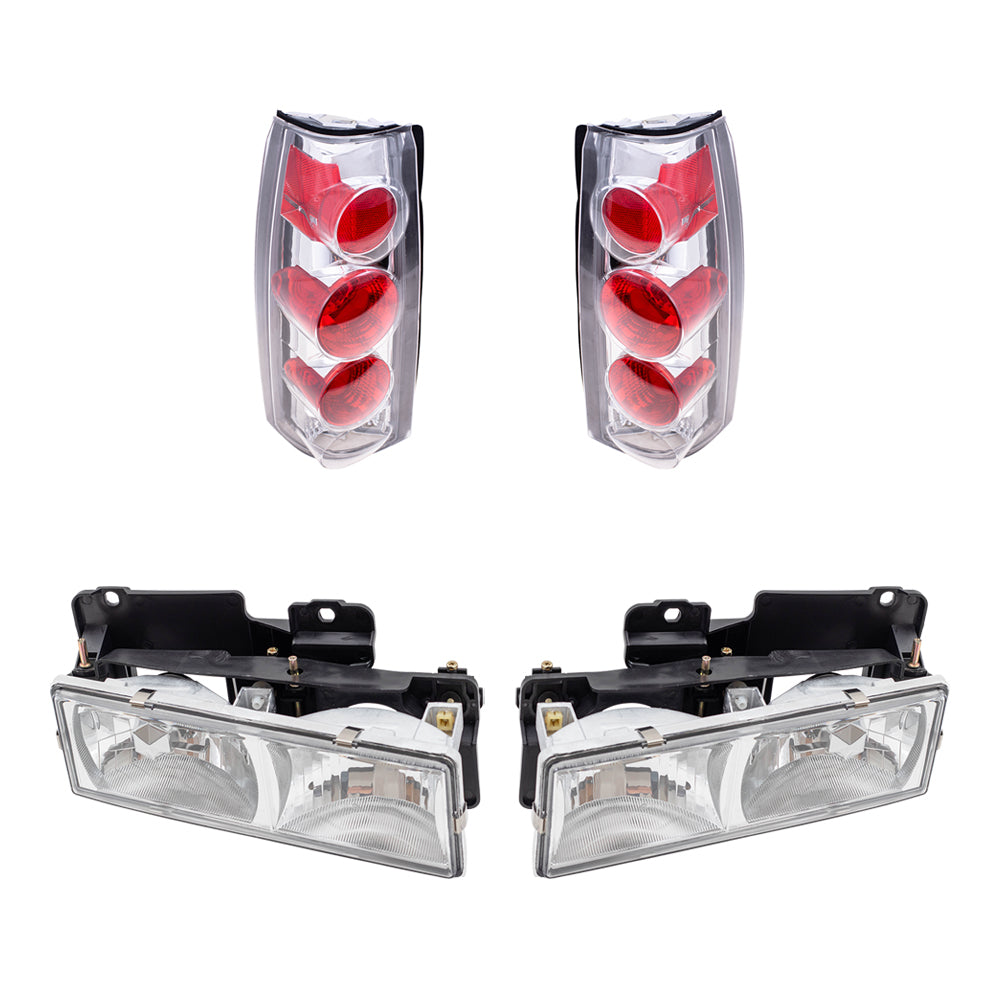 Brock Replacement C/K Composite Crystal Clear Headlight Assemblies and Tail Light Units with Chrome Bezel 4 Piece Performance Set Compatible with 1988-2000 Various Model Trucks