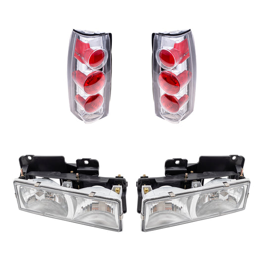 Brock Replacement C/K Composite Crystal Clear Headlight Assemblies and Tail Light Units with Chrome Bezel 4 Piece Performance Set Compatible with 1988-2000 Various Model Trucks