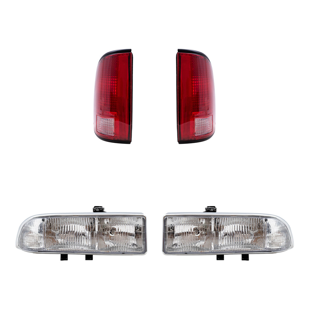 Brock Replacement Driver and Passenger Side Halogen Combination Headlight Assemblies and Tail Light Units with Black Edge 4 Piece Set Compatible with 1998-2004 S10
