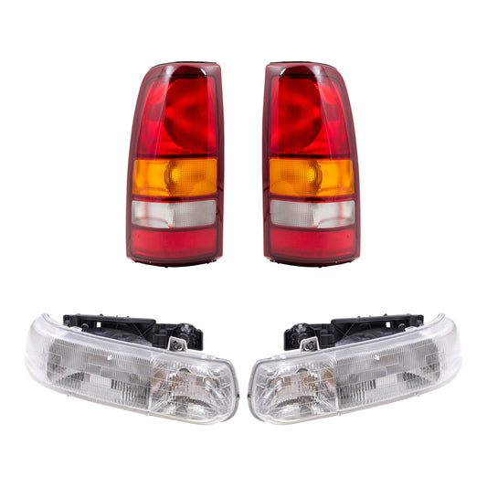 Brock Replacement Halogen Headlight Assembly and Fleetside Tail Light Unit 4 Piece Set Compatible with 99-02 Silverado 1500/2500