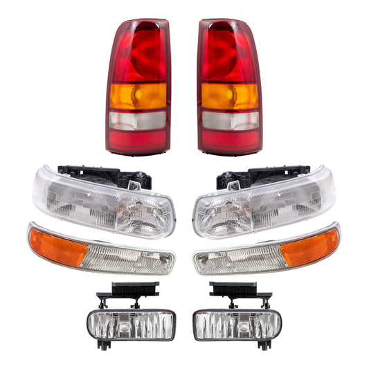 Brock Replacement Halogen Headlight and Fog Light Assemblies and Fleetside Tail Light and Park/Signal/Side Marker Light Units 8 Piece Set Compatible with 99-02 Silverado 1500/2500
