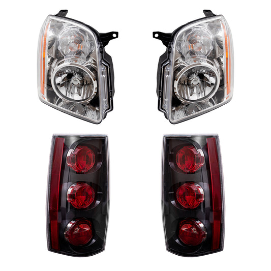 Brock Replacement Driver and Passenger Halogen Combination Headlight Assemblies and Tail Light Assemblies with Black Housing 4 Piece Set Compatible with 2007-2014 GMC Yukon