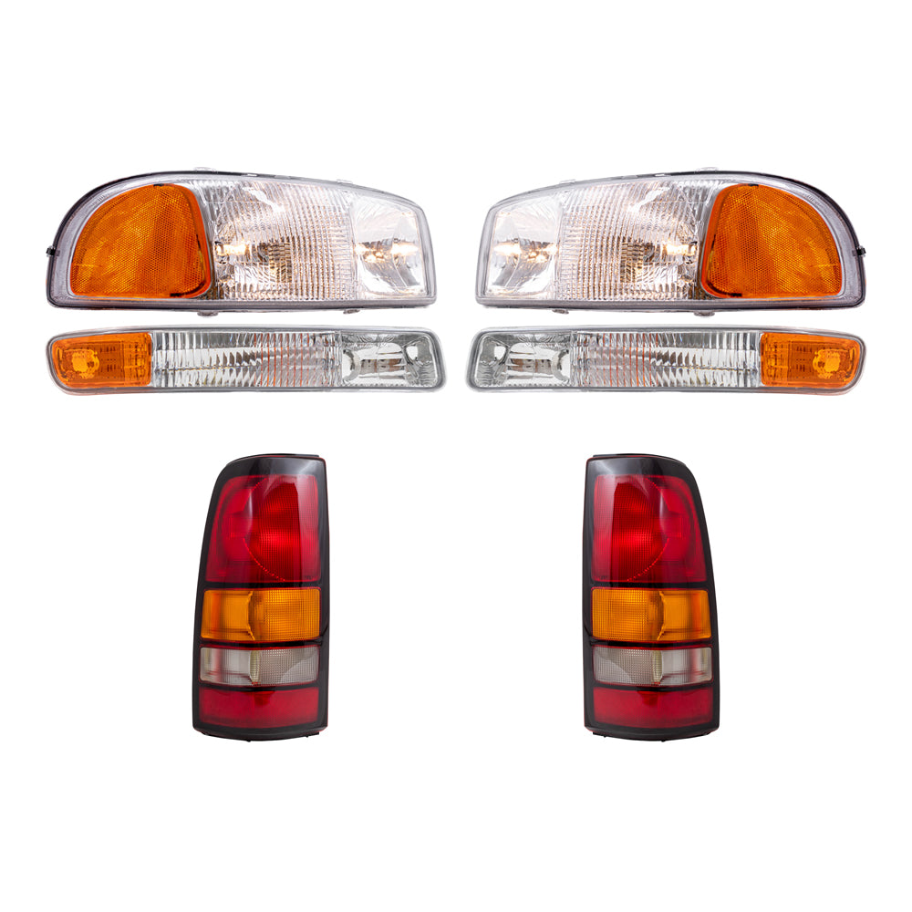 Brock Replacement Driver and Passenger Side Headlights, Park Signal Lights and Tail Lights 6 Piece Set Compatible with 2004-2006 Sierra & 2007 Sierra Classic Fleetside ONLY