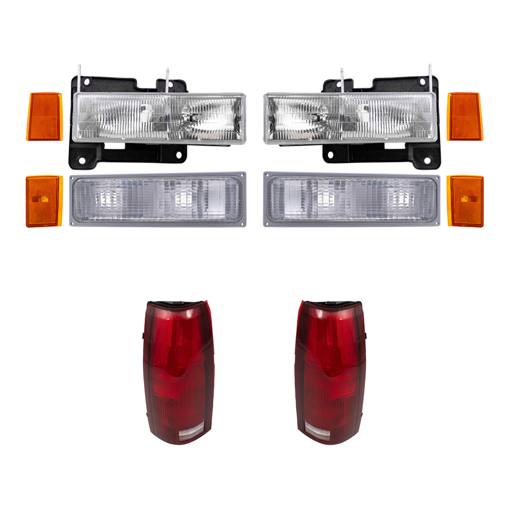 Brock Replacement Headlights, Signal Marker Lights, Upper Side Marker Reflectors, Lower Side Marker Lights and Tail Lights 10 Piece Set Compatible with 1990-1993 C/K Trucks & 1992-1993 Suburban/Blazer