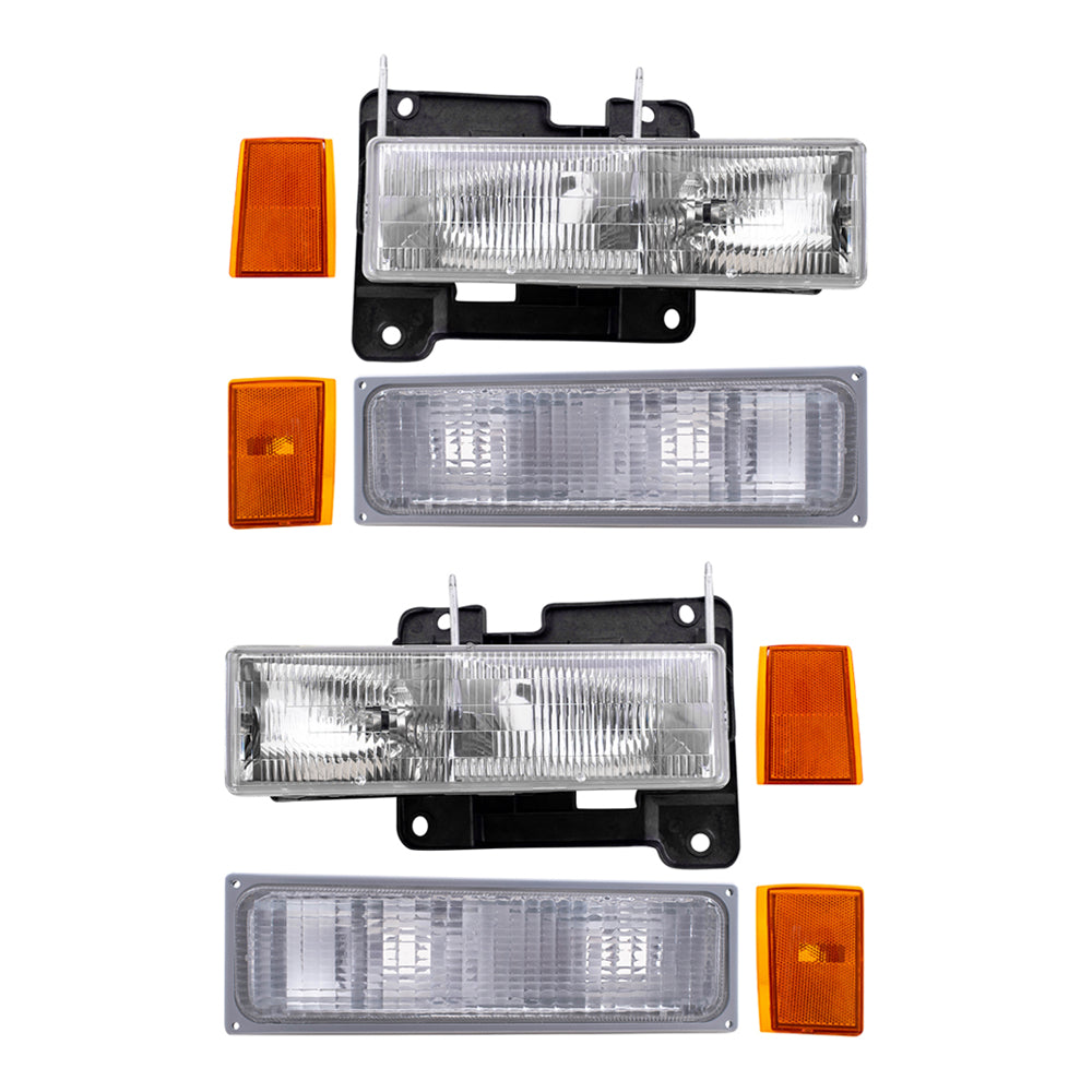 Headlights, Park Signal Marker Light Units, Upper Side Marker Reflectors & Lower Side Marker Light Units Compatible with 1990-1993 C/K Trucks 8 Piece Set