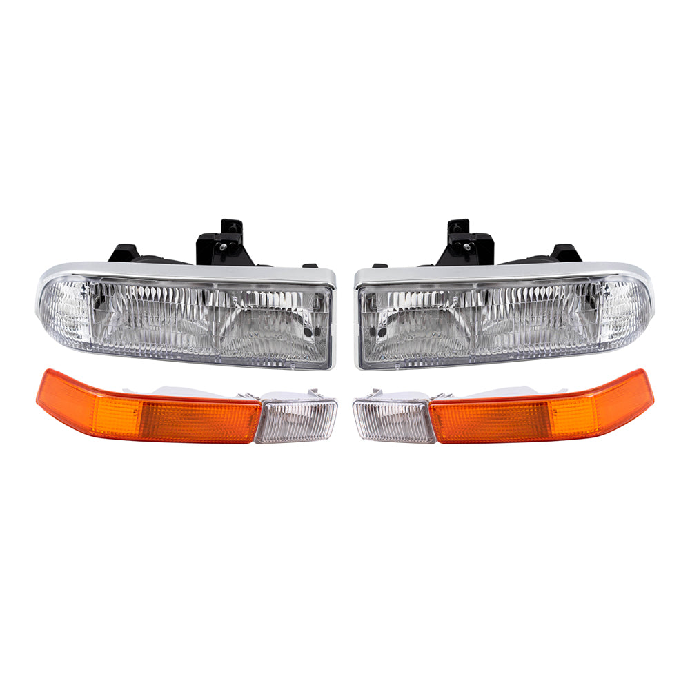 Brock Replacement Driver and Passenger Side Halogen Combination Headlight Assemblies and Park Signal Fog Light Units 4 Piece Set Compatible with 1998-2005 Blazer & 1998-2004 S10