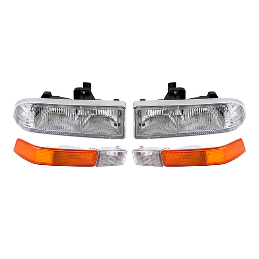 Brock Replacement Driver and Passenger Side Halogen Combination Headlight Assemblies and Park Signal Fog Light Units 4 Piece Set Compatible with 1998-2005 Blazer & 1998-2004 S10