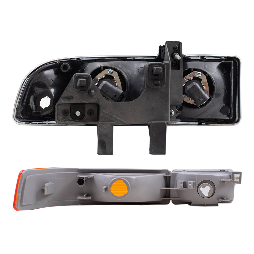 Brock Replacement Driver and Passenger Side Halogen Combination Headlight Assemblies and Park Signal Fog Light Units 4 Piece Set Compatible with 1998-2005 Blazer & 1998-2004 S10