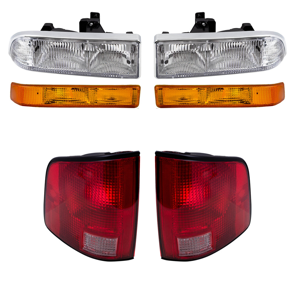 Brock Replacement Driver and Passenger Side Headlights, Park Signal Lights without Fog Lights and Tail Lights with Black Edge 6 Piece Set Compatible with 1998-2004 S10