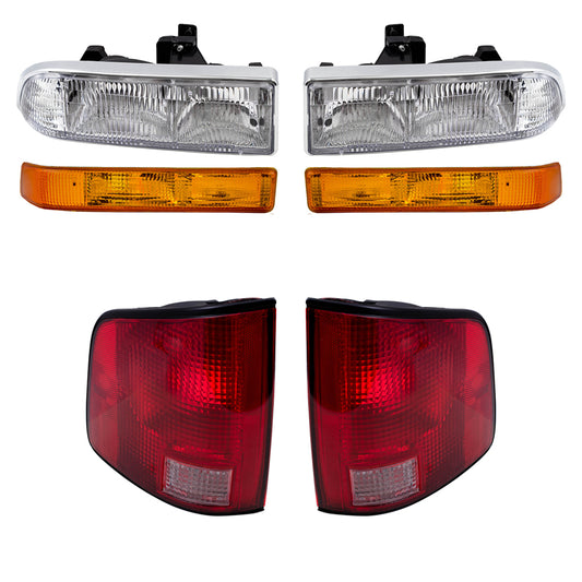 Brock Replacement Driver and Passenger Side Headlights, Park Signal Lights without Fog Lights and Tail Lights with Black Edge 6 Piece Set Compatible with 1998-2004 S10