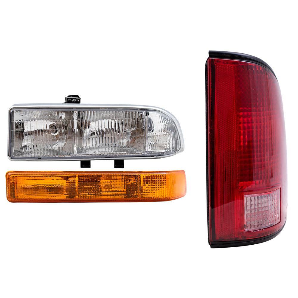 Brock Replacement Driver and Passenger Side Headlights, Park Signal Lights without Fog Lights and Tail Lights with Black Edge 6 Piece Set Compatible with 1998-2004 S10