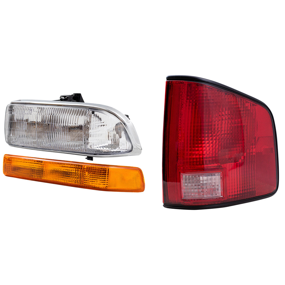 Brock Replacement Driver and Passenger Side Headlights, Park Signal Lights without Fog Lights and Tail Lights with Black Edge 6 Piece Set Compatible with 1998-2004 S10