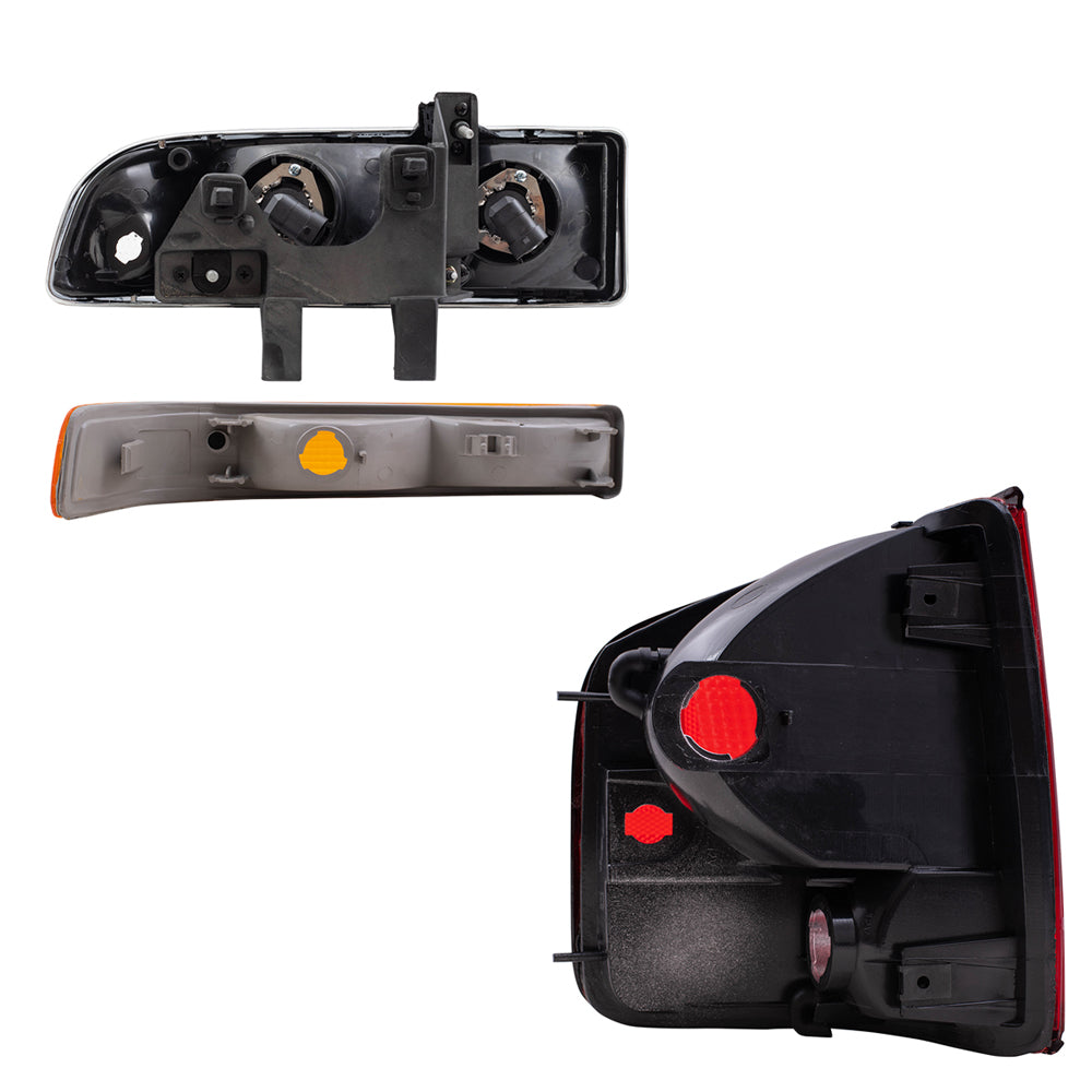Brock Replacement Driver and Passenger Side Headlights, Park Signal Lights without Fog Lights and Tail Lights with Black Edge 6 Piece Set Compatible with 1998-2004 S10