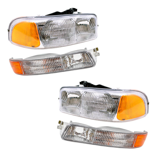 Brock Replacement Driver and Passenger Set Headlights with Park Signal Marker Lights Compatible with 1999-2007 Sierra Pickup Truck