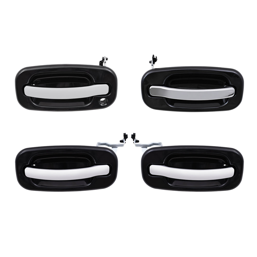 Brock Replacement 4 Pc Set Outside Door Handles Black with Chrome Compatible with 2001-2006 Silverado Pickup Truck