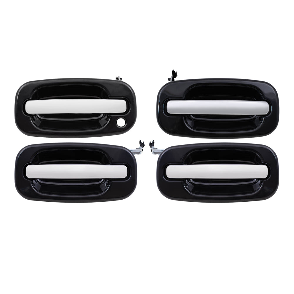 Brock Replacement 4 Pc Set Outside Door Handles Black with Chrome Compatible with 2001-2006 Silverado Pickup Truck