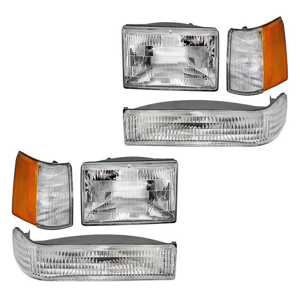 Brock Replacement 6 Pc Set Headlights w/Front Park Signal Lamps & Side Markers Compatible with 1993-1996 Grand Cherokee