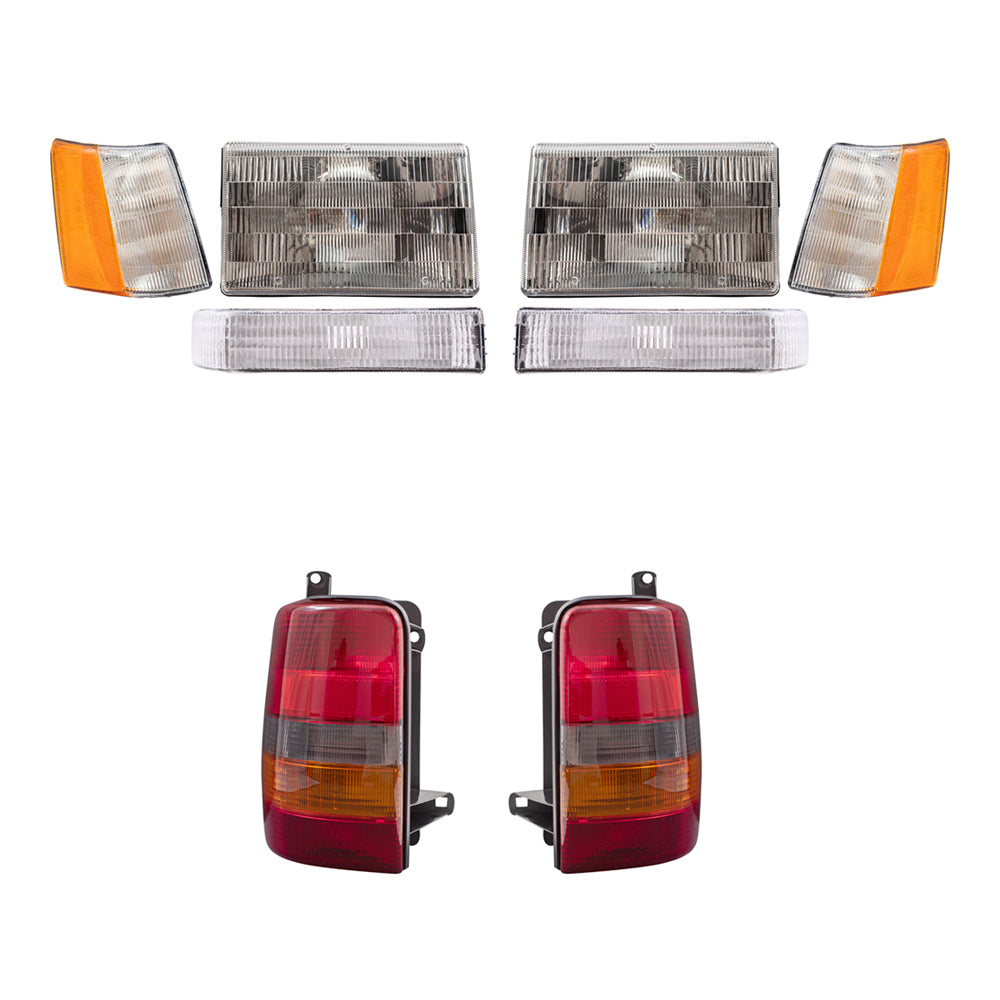 Brock Replacement Driver and Passenger Side Headlights, Side Marker Lights, Park Signal Marker Lights and Tail Lights 8 Piece Set Compatible with 1993-1996 Grand Cherokee