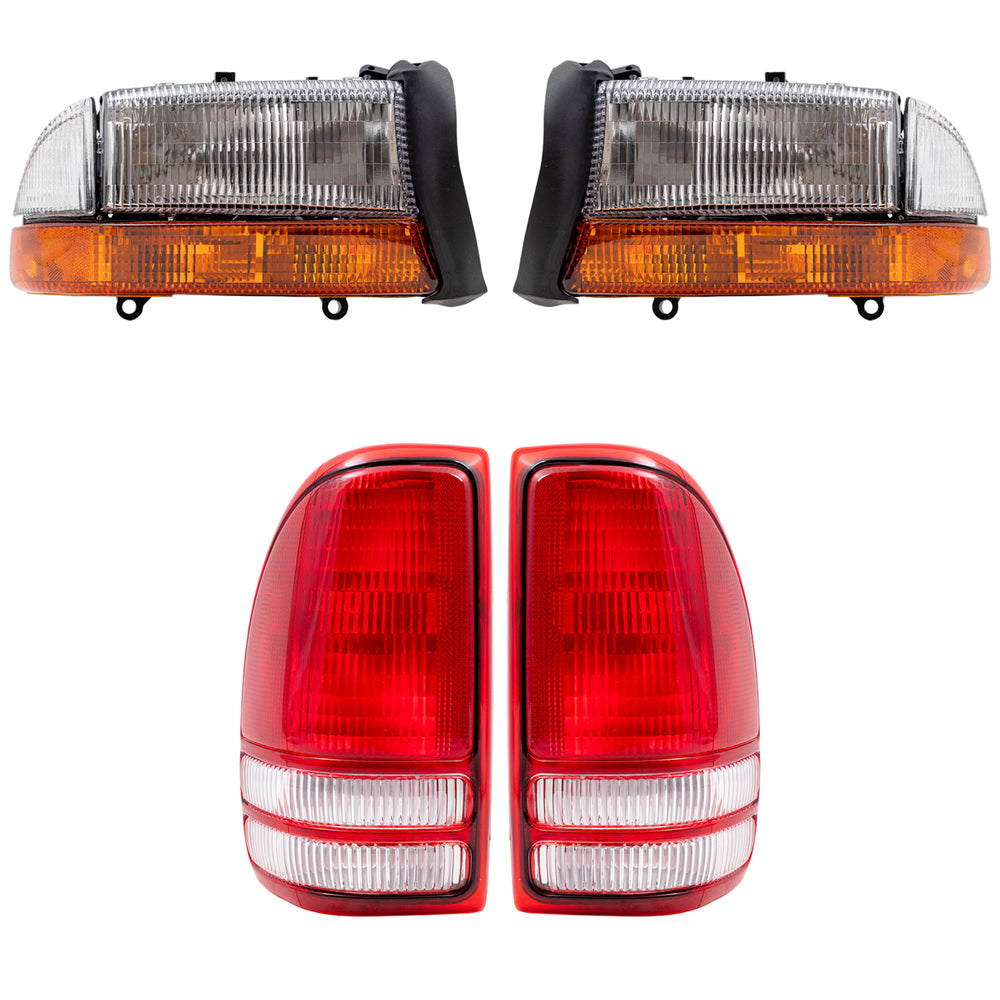 Brock Replacement Headlights w/ Park Signal Lamps and Tail Lights Set Compatible with 1998-2004 Dakota