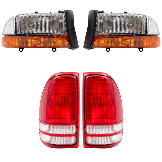 Brock Replacement Headlights w/ Park Signal Lamps and Tail Lights Set Compatible with 1998-2004 Dakota