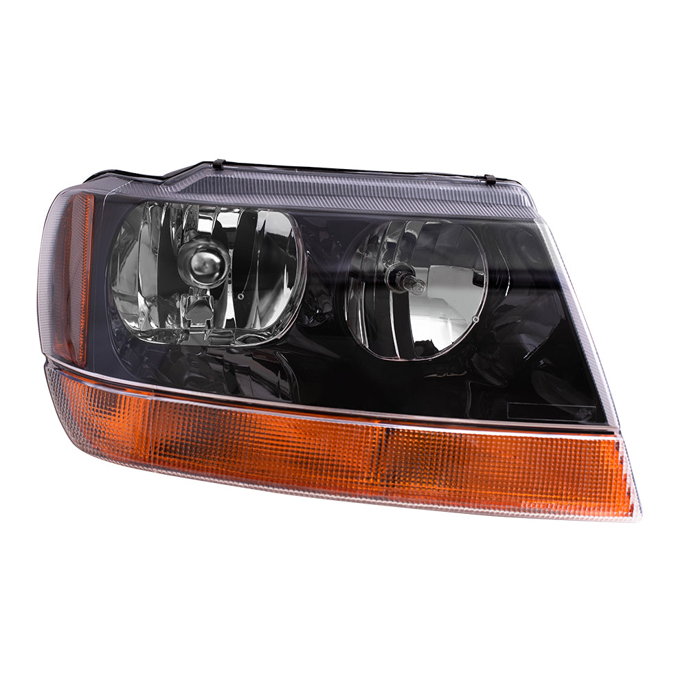 Brock Replacement Passenger Headlight with Smoked Bezel and Amber Park Lamp Compatible with 1999-2004 Grand Cherokee 5103400AA