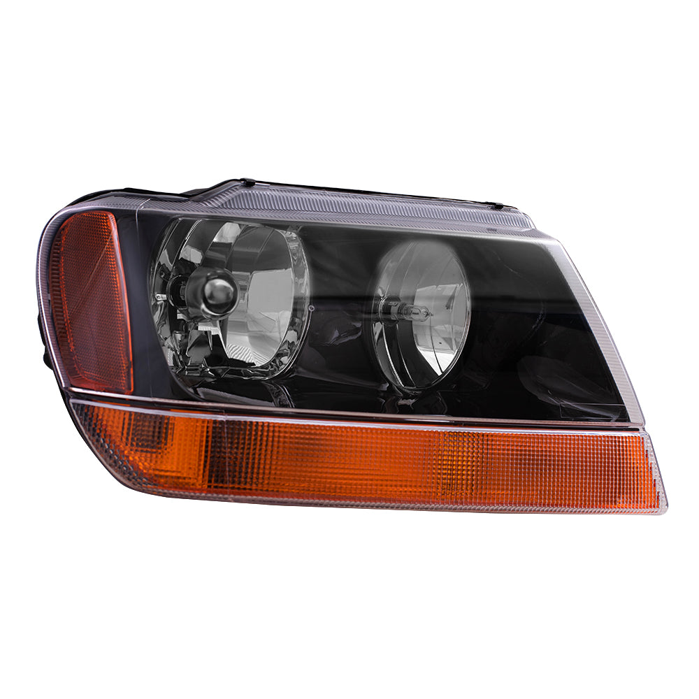 Brock Replacement Passenger Headlight with Smoked Bezel and Amber Park Lamp Compatible with 1999-2004 Grand Cherokee 5103400AA