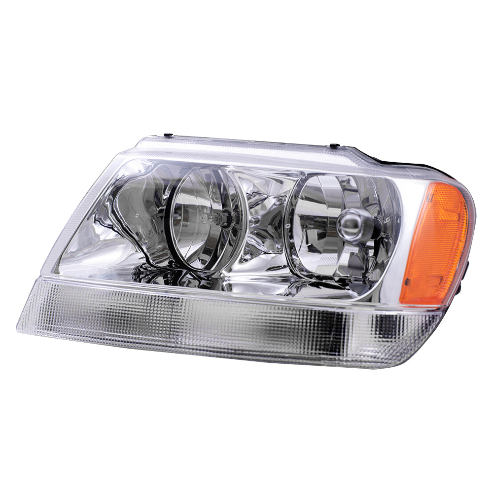 Brock Replacement Driver Halogen Headlight Chrome Bezel Clear Park Lamp Compatible with 1999-2004 Grand Cherokee 55155553AI