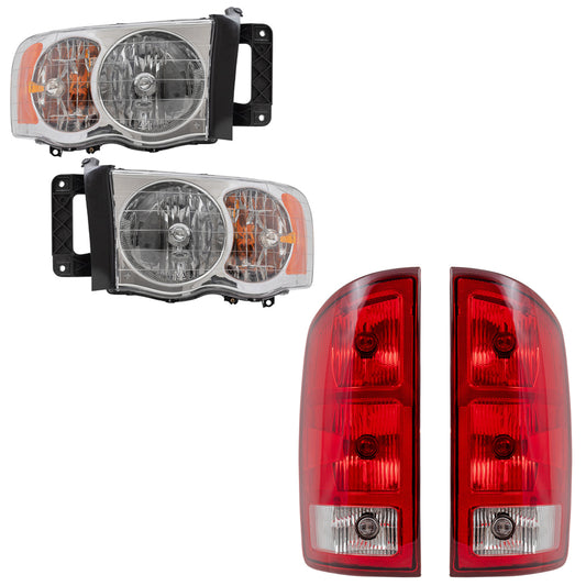 Headlights, Tail Lights with Circuit Boards Compatible with 2002-2005 Ram 1500 Pickup Truck 4 Pc Set Halogen