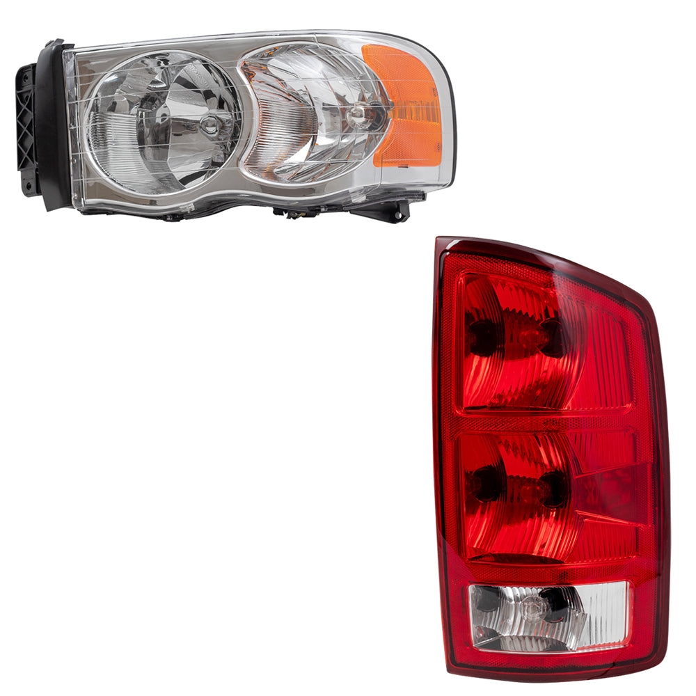 Headlights, Tail Lights with Circuit Boards Compatible with 2002-2005 Ram 1500 Pickup Truck 4 Pc Set Halogen