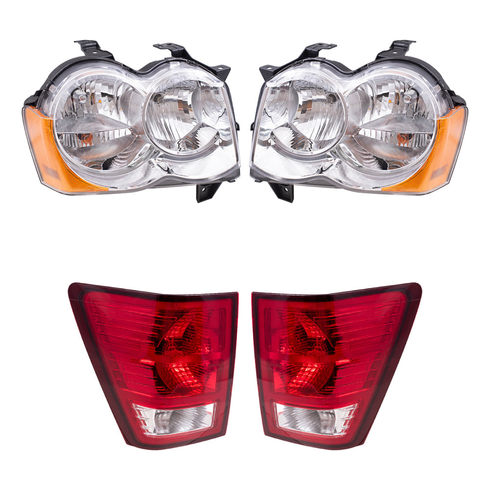 Brock Replacement Driver and Passenger Side Halogen Combination Headlight Assemblies and Tail Light Assemblies 4 Piece Set Compatible with 2008-2010 Grand Cherokee