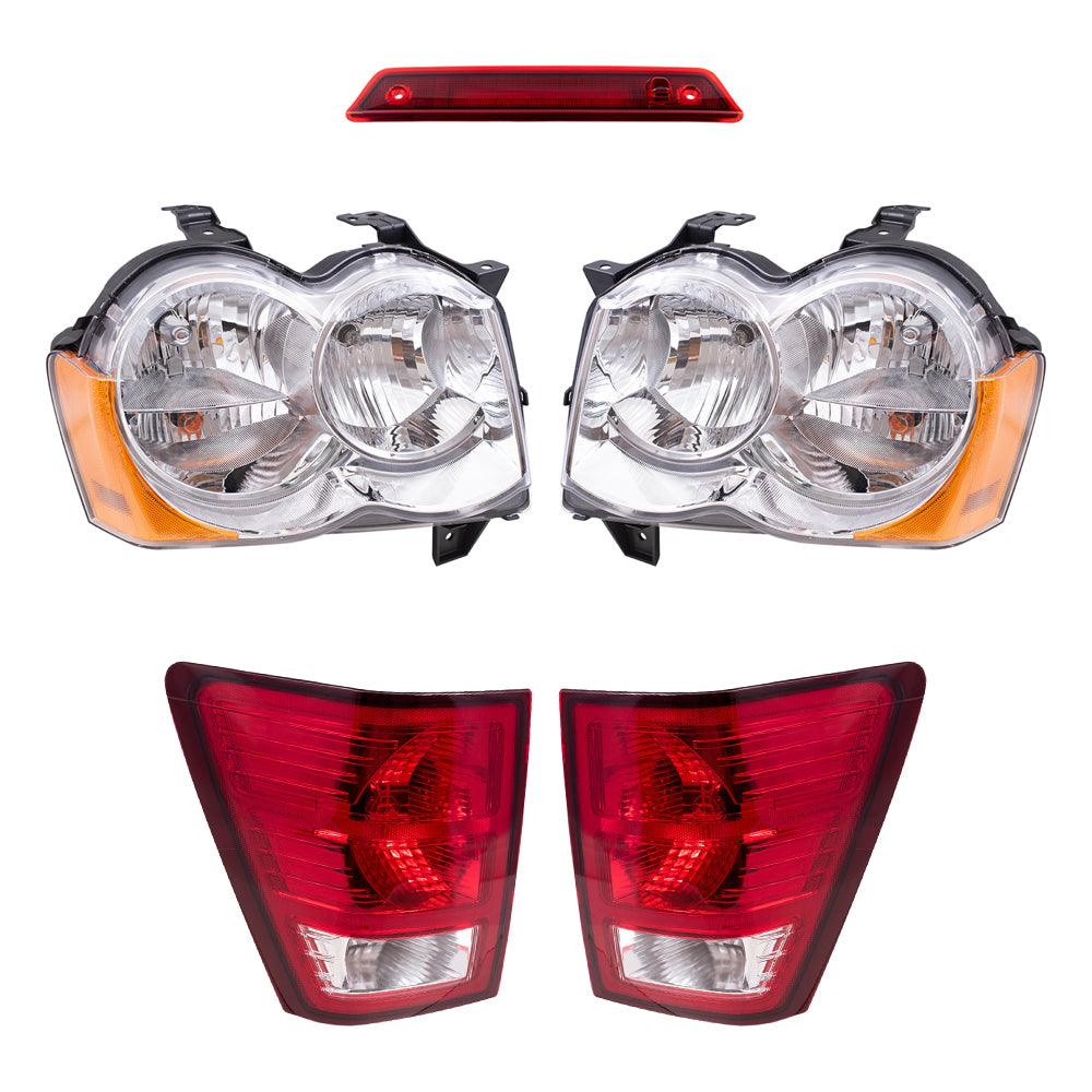 Brock Replacement Driver and Passenger Side Halogen Combination Headlight Assemblies & Tail Light Assemblies, and 3rd Brake Light 5 Piece Set Compatible with 2008-2010 Grand Cherokee