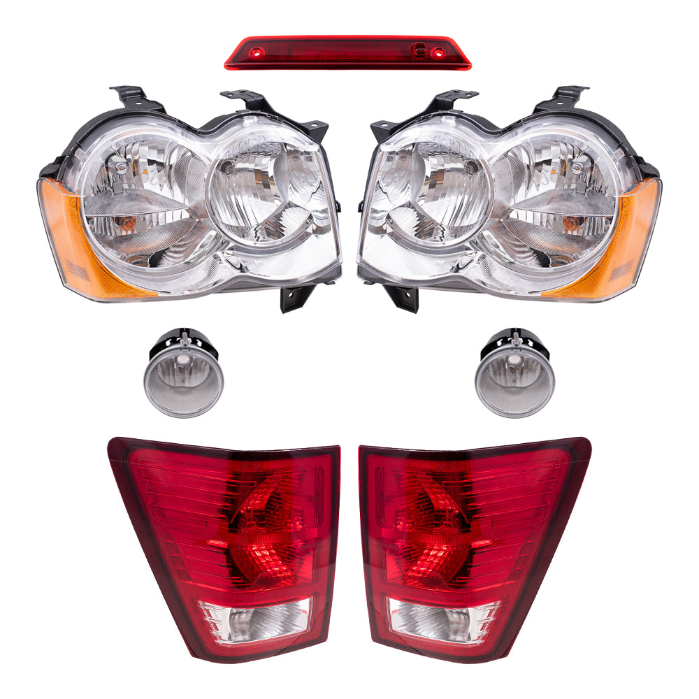 Brock Replacement Driver and Passenger Side Halogen Combination Headlights, Fog Lights & Tail Lights, and 3rd Brake Light 7 Piece Set Compatible with 2008-2010 Grand Cherokee