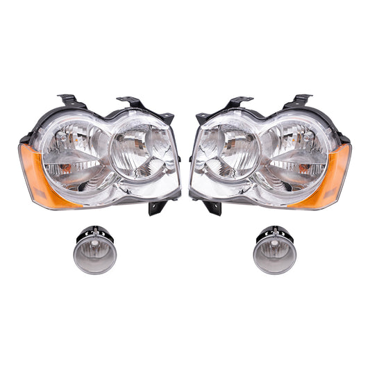 Brock Replacement Driver and Passenger Side Halogen Combination Headlight Assemblies and Fog Light Assemblies 4 Piece Set Compatible with 2008-2010 Grand Cherokee