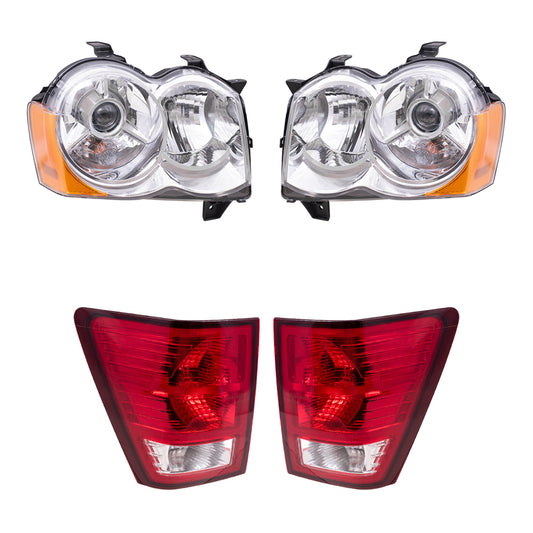 Brock Replacement Driver and Passenger Side HID Combination Headlight Assemblies and Tail Light Assemblies 4 Piece Set Compatible with 2008-2010 Grand Cherokee