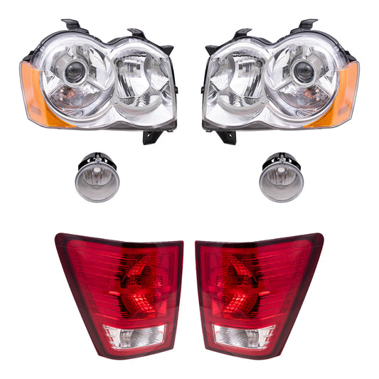 Brock Replacement Driver and Passenger Side HID Combination Headlights, Fog Lights and Tail Lights 6 Piece Set Compatible with 2008-2010 Grand Cherokee