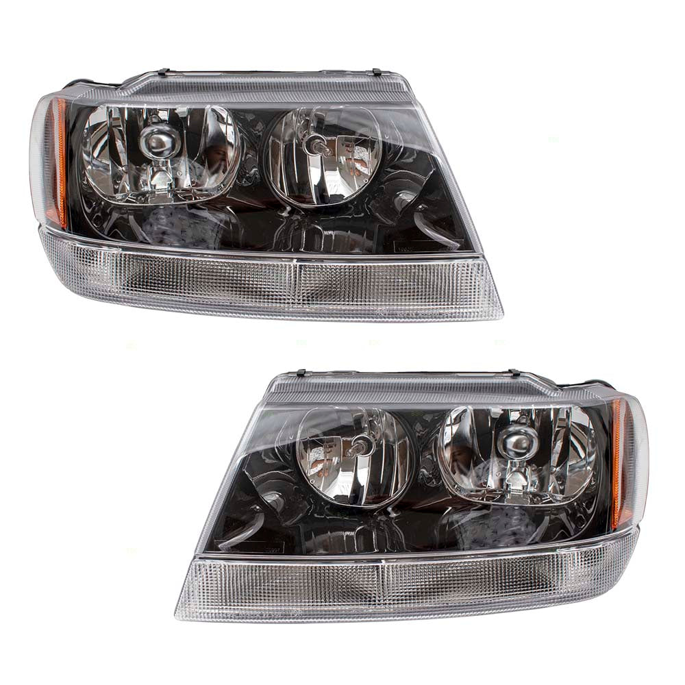 Brock Replacement Set Driver and Passenger Headlights Smoked Bezel with Clear Park Lamps Compatible with 1999-2004 Grand Cherokee 55155129AJ 55155128AJ