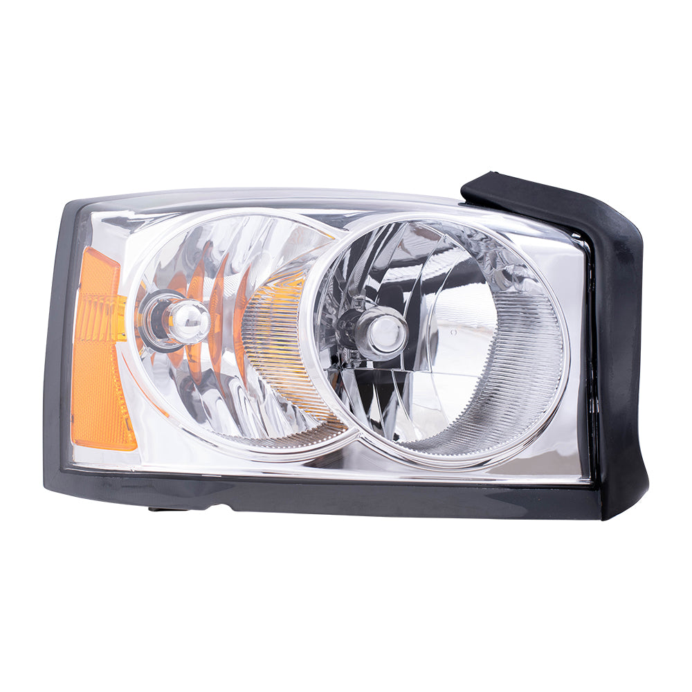Brock Replacement Passenger Headlight with Chrome Bezel Compatible with 2005 Dakota Pickup Truck with Outer Bulb Diffuser 55077606AB