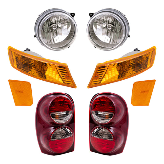 Brock Replacement Headlights Park Signal Lights and Tail Lights Set Compatible with 2005 2006 2007 Liberty