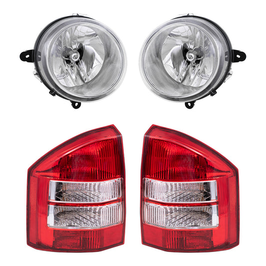Brock Replacement Driver and Passenger Side Halogen Headlight Assemblies without Leveling and Tail Lights 4 Piece Set Compatible with 2007-2010 Compass