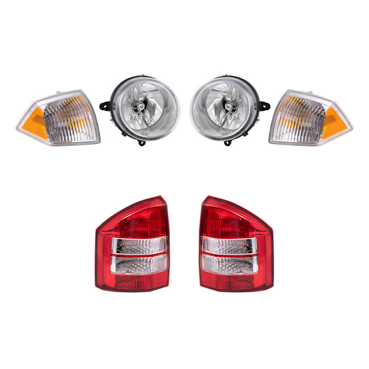 Brock Replacement Halogen Headlight Assemblies without Leveling, Park Signal Marker Lights and Tail Lights 6 Piece Set Compatible with 2007-2010 Compass