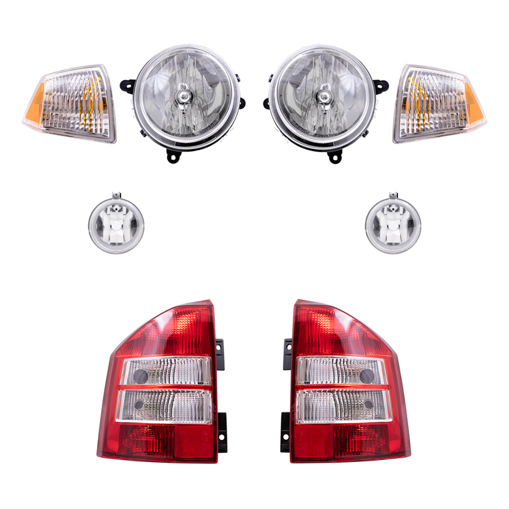 Brock Replacement Halogen Headlight Assemblies without Leveling, Park Signal Marker Lights, Fog Lights and Tail Lights 8 Piece Set Compatible with 2010 Compass