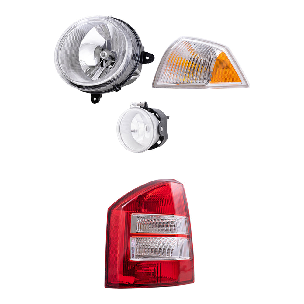 Brock Replacement Halogen Headlight Assemblies without Leveling, Park Signal Marker Lights, Fog Lights and Tail Lights 8 Piece Set Compatible with 2010 Compass