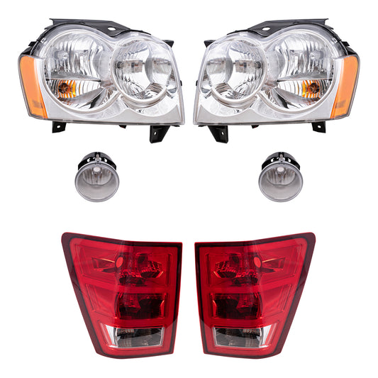 Brock Replacement Driver and Passenger Side Halogen Combination Headlight Assemblies, Fog Light Assemblies and Tail Light Units 6 Piece Set Compatible with 2005-2006 Jeep Grand Cherokee