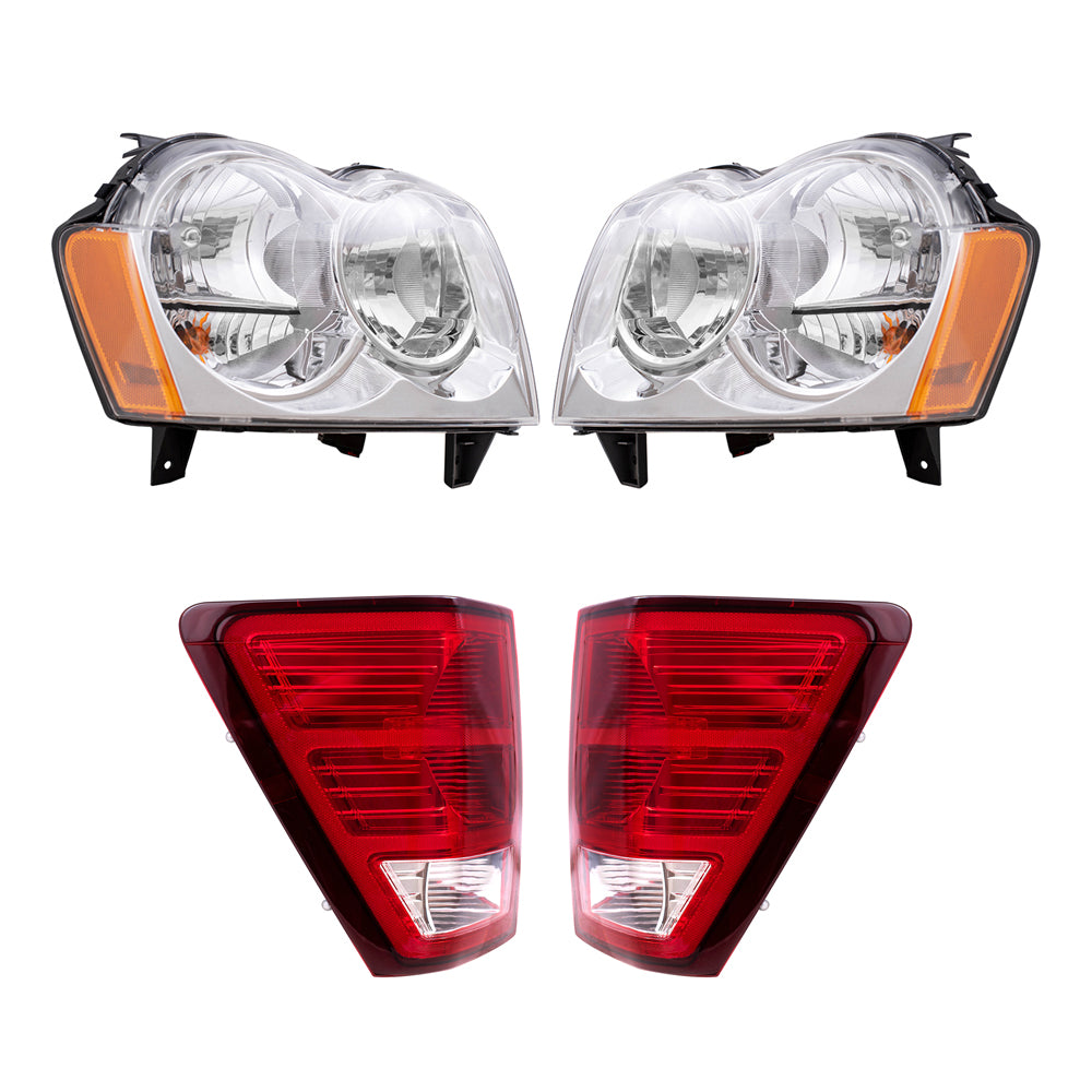 Brock Replacement Driver and Passenger Side Halogen Combination Headlight Assemblies and Tail Light Assemblies 4 Piece Set Compatible with 2007 Grand Cherokee