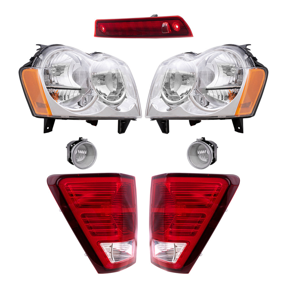 Brock Replacement Driver and Passenger Side Halogen Combination Headlights, Fog Lights & Tail Lights, and 3rd Brake Light 7 Piece Set Compatible with 2007 Grand Cherokee