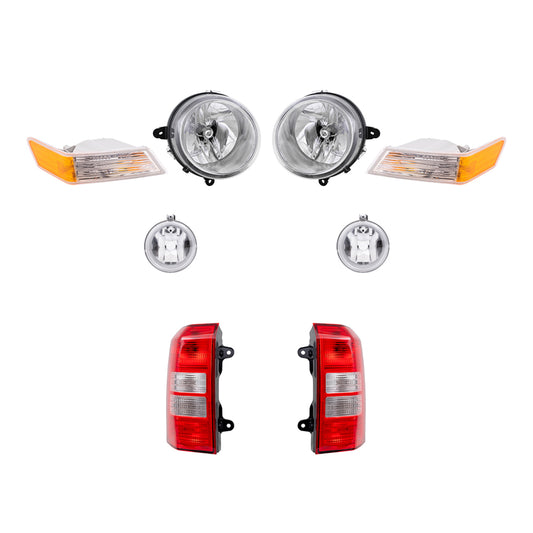 Brock Replacement Halogen Headlight Assemblies without Leveling, Park Signal Marker Lights, Fog Lights and Tail Light Assemblies 8 Piece Set Compatible with 2010 Patriot