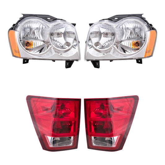 Brock Replacement Driver and Passenger Side Halogen Combination Headlight Assemblies and Tail Light Assemblies 4 Piece Set Compatible with 2005-2006 Grand Cherokee